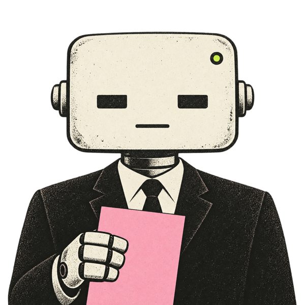 A robot executive holding a pink slip